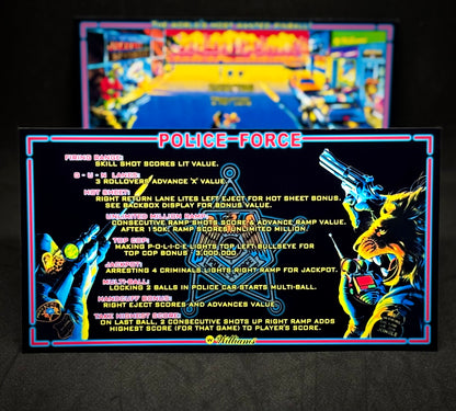 Williams Police Force 1989 Jeu Cartes Instructions Flipper Custom Apron règles imprimées