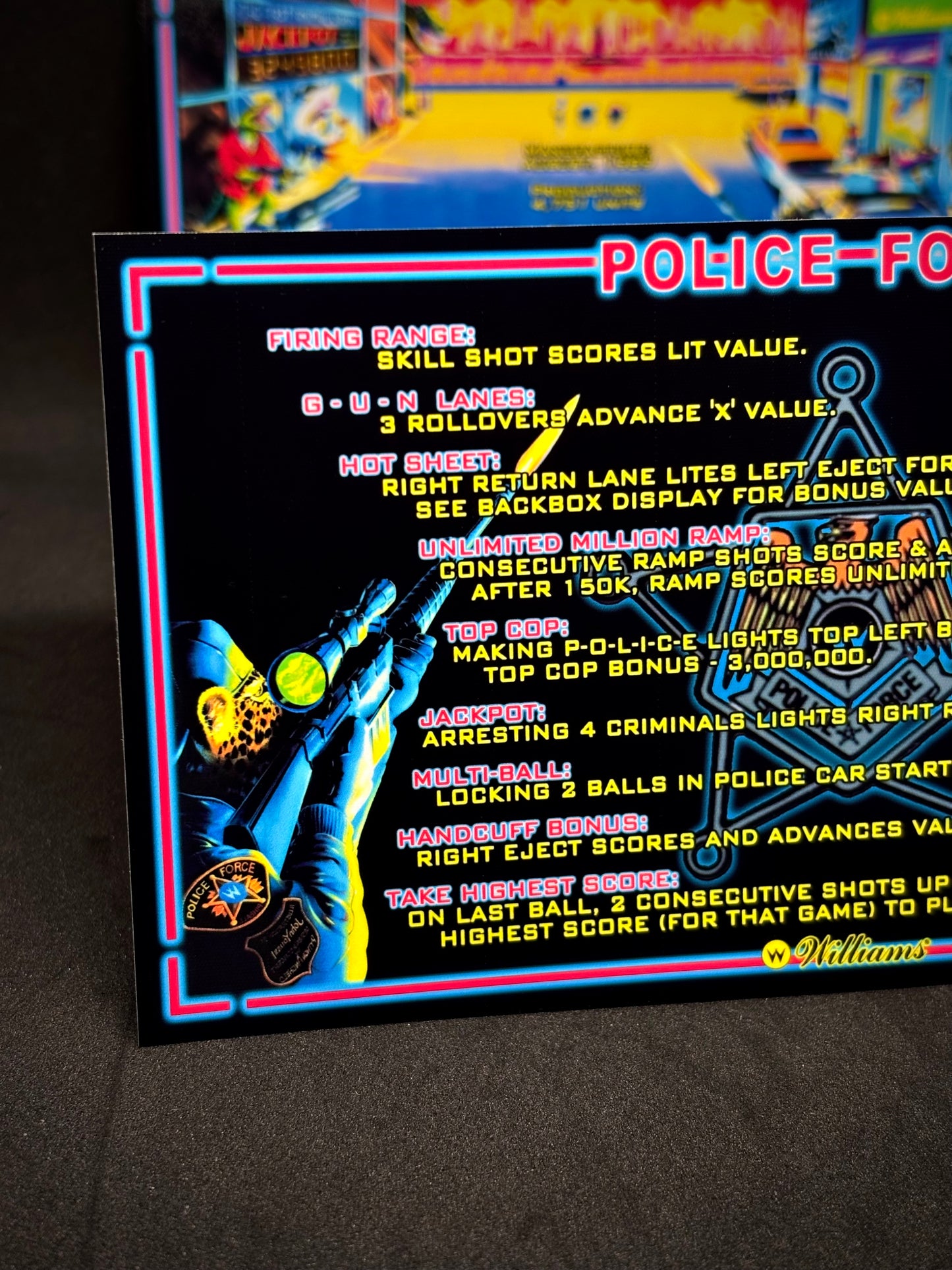 Williams Police Force 1989 Game Cards Instructions Pinball Custom Apron Printed Rules