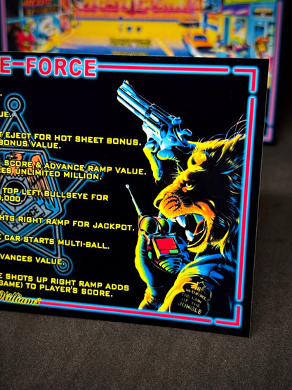 Williams Police Force 1989 Jeu Cartes Instructions Flipper Custom Apron règles imprimées