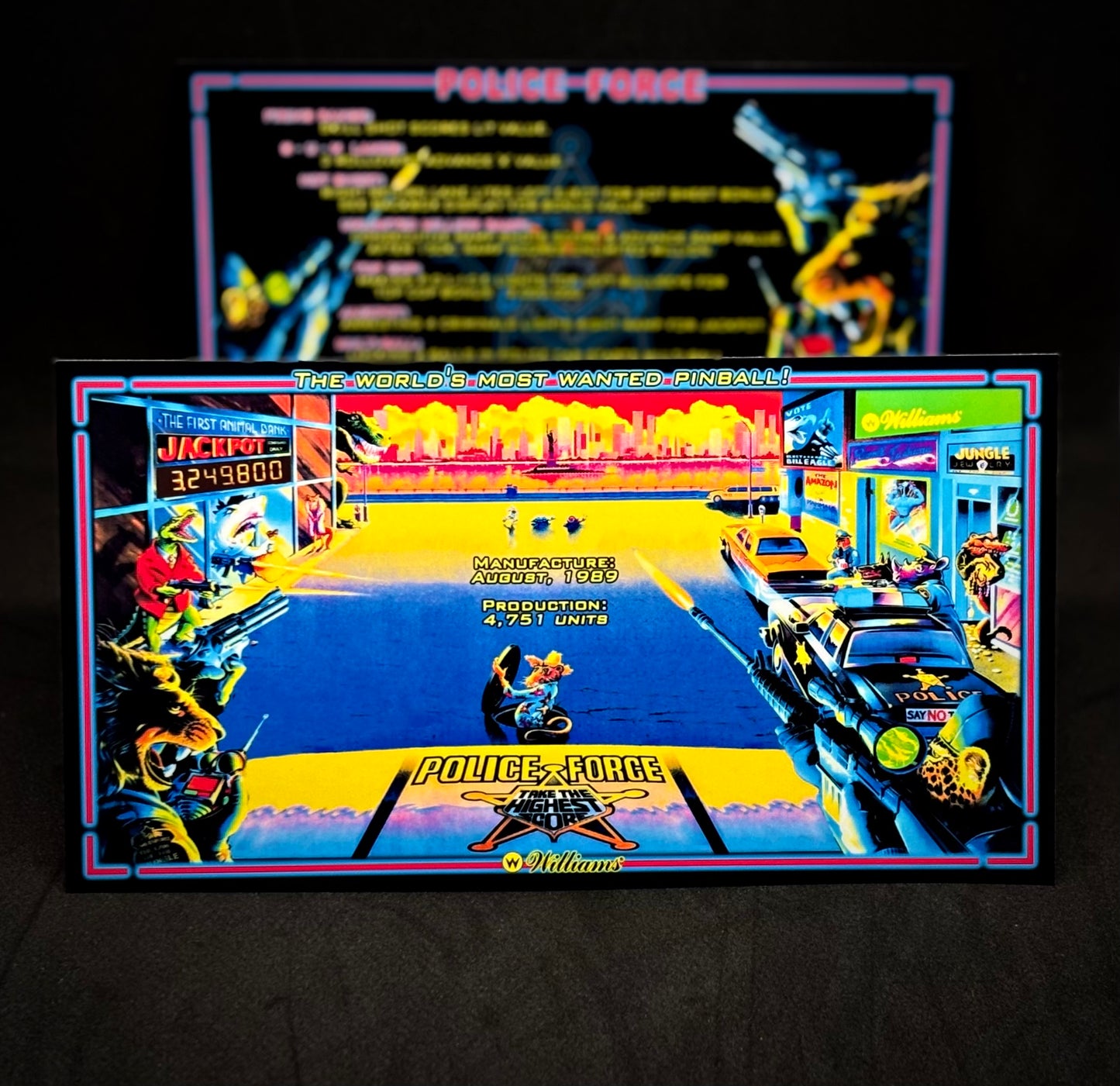 Williams Police Force 1989 Game Cards Instructions Pinball Custom Apron Printed Rules