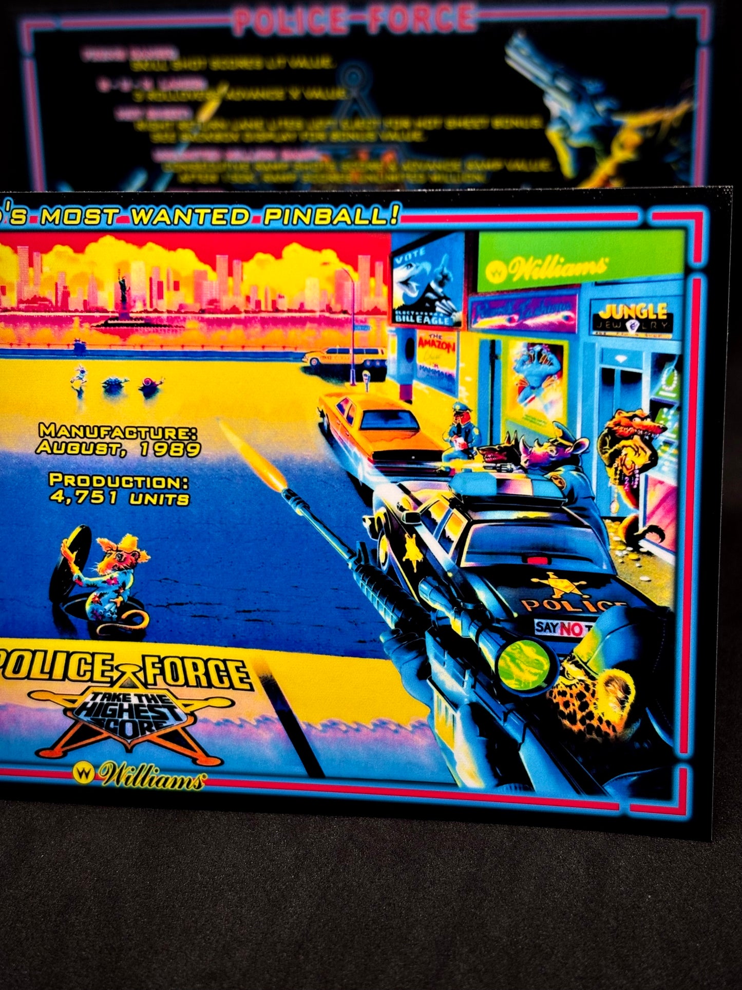 Williams Police Force 1989 Game Cards Instructions Pinball Custom Apron Printed Rules