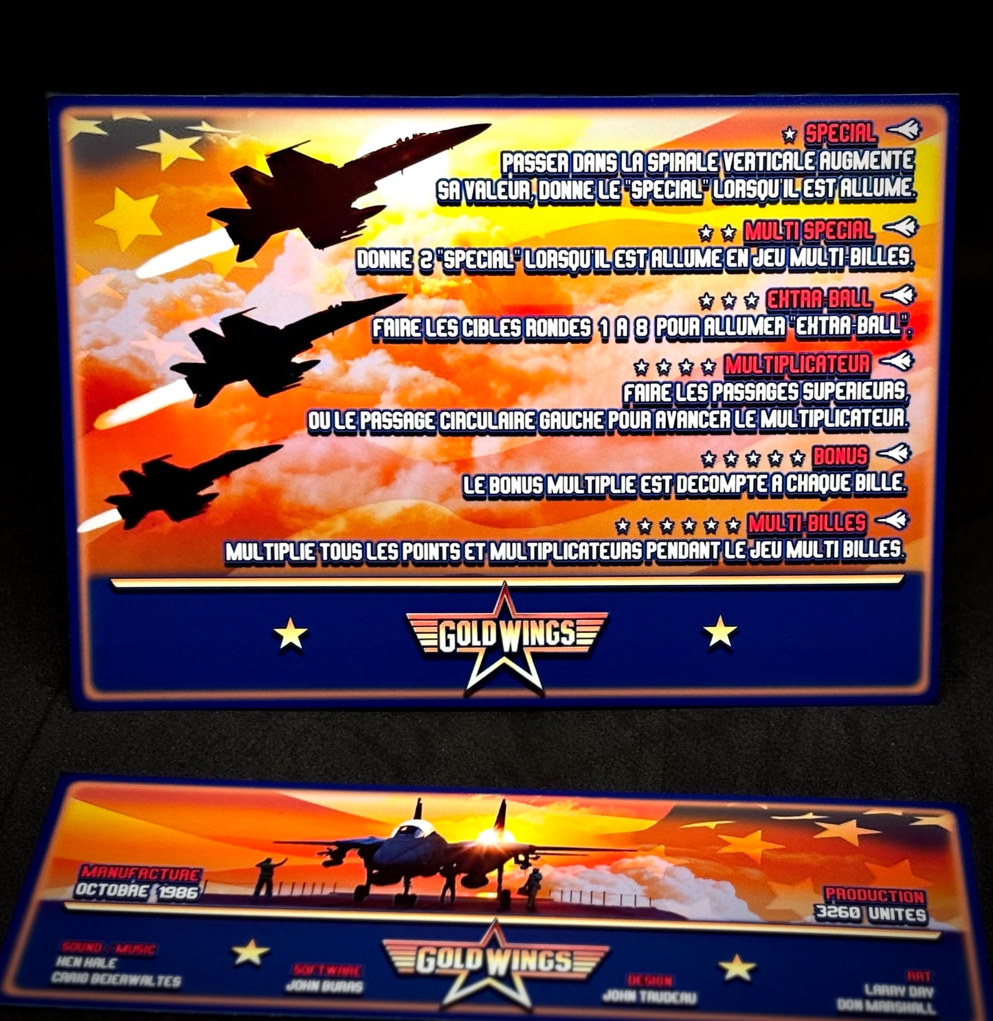 Instrucciones de las tarjetas del juego Gottlieb Gold Wings 1986, tarjetas de pinball personalizadas con impresión de delantal