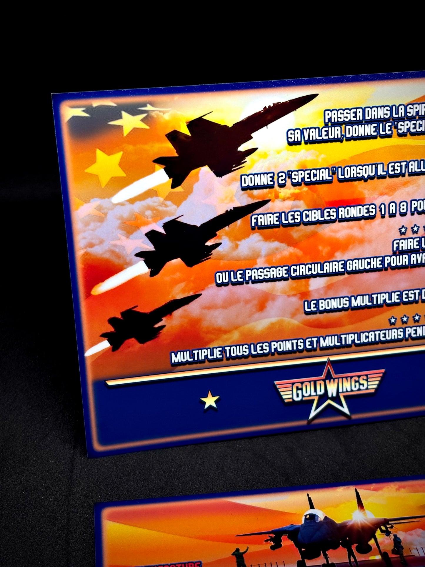 Instrucciones de las tarjetas del juego Gottlieb Gold Wings 1986, tarjetas de pinball personalizadas con impresión de delantal