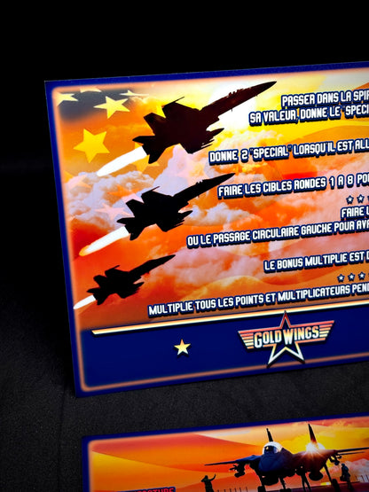 Instrucciones para las tarjetas del juego Gottlieb Gold Wings 1986, delantal personalizado de pinball con reglas impresas