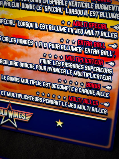 Instrucciones para las tarjetas del juego Gottlieb Gold Wings 1986, delantal personalizado de pinball con reglas impresas