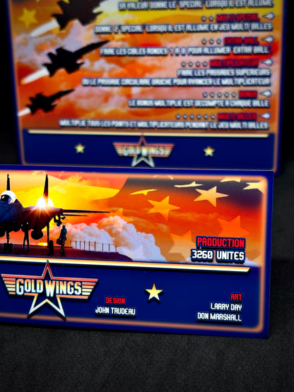 Instrucciones para las tarjetas del juego Gottlieb Gold Wings 1986, delantal personalizado de pinball con reglas impresas