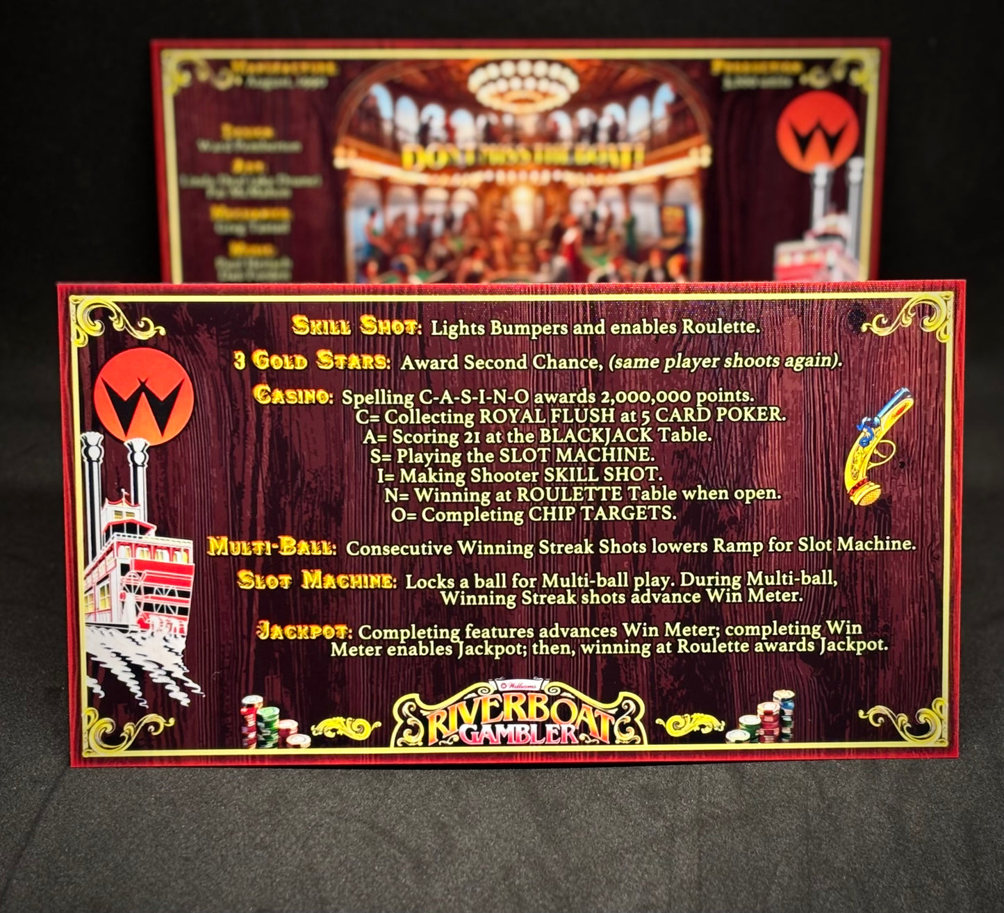Instrucciones de las tarjetas del juego Williams Riverboat Gambler de 1990, máquina de pinball, delantal personalizado, reglas impresas V1