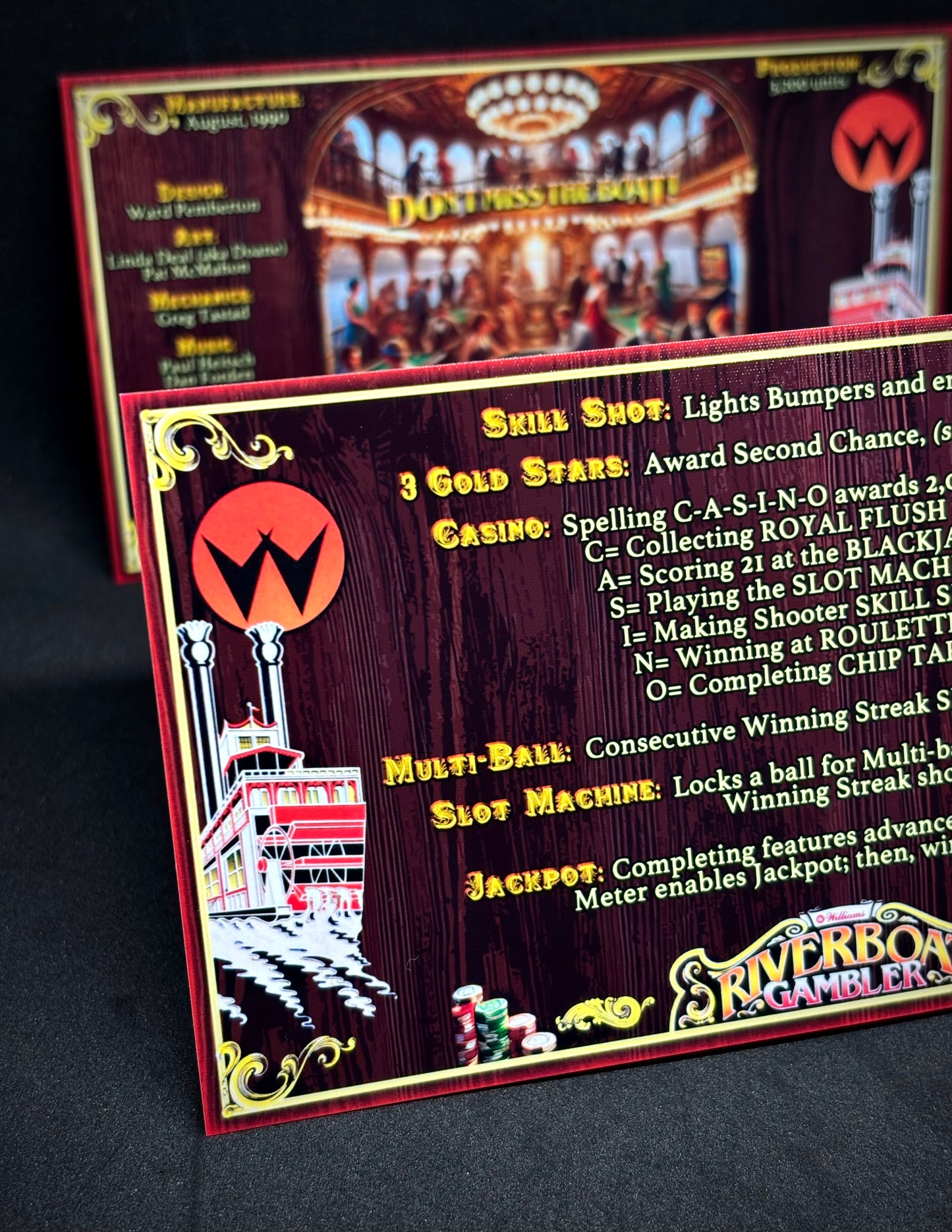 Instrucciones de las tarjetas del juego Williams Riverboat Gambler de 1990, máquina de pinball, delantal personalizado, reglas impresas V1