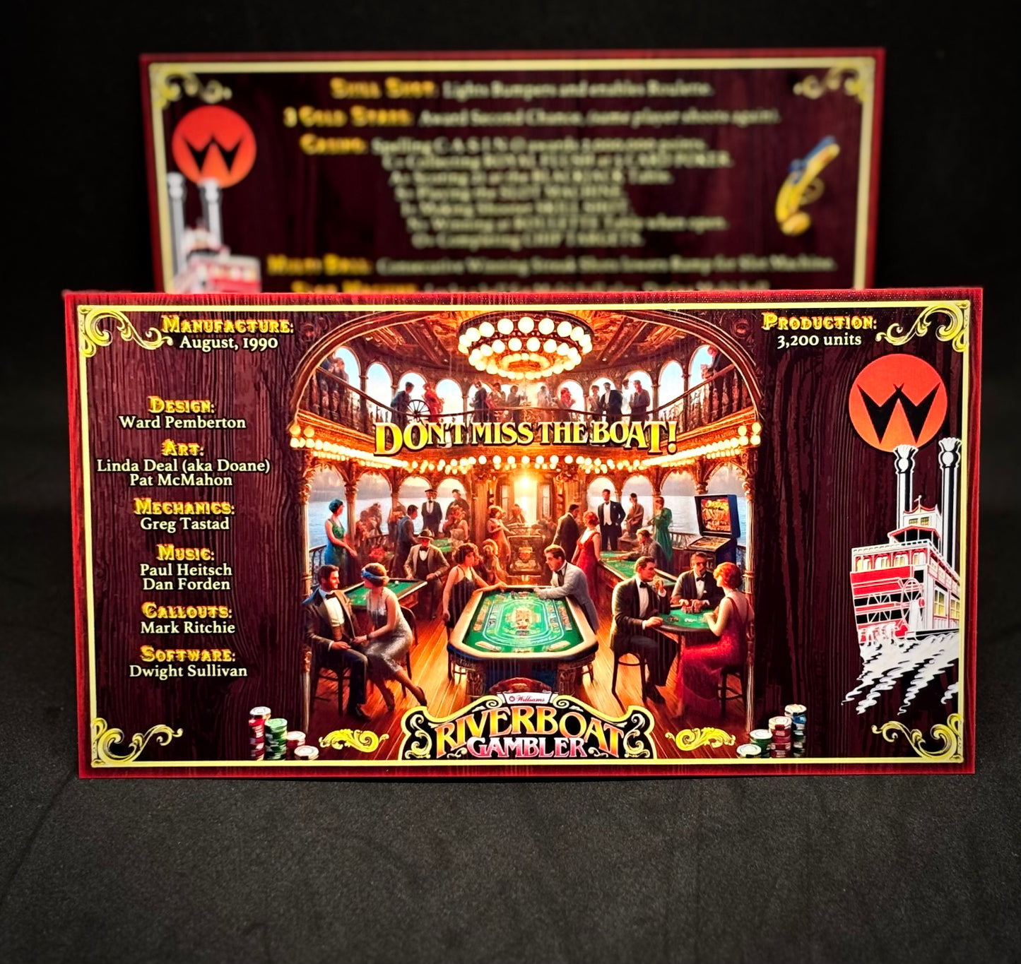 Instrucciones de las tarjetas del juego Williams Riverboat Gambler de 1990, máquina de pinball, delantal personalizado, reglas impresas V1