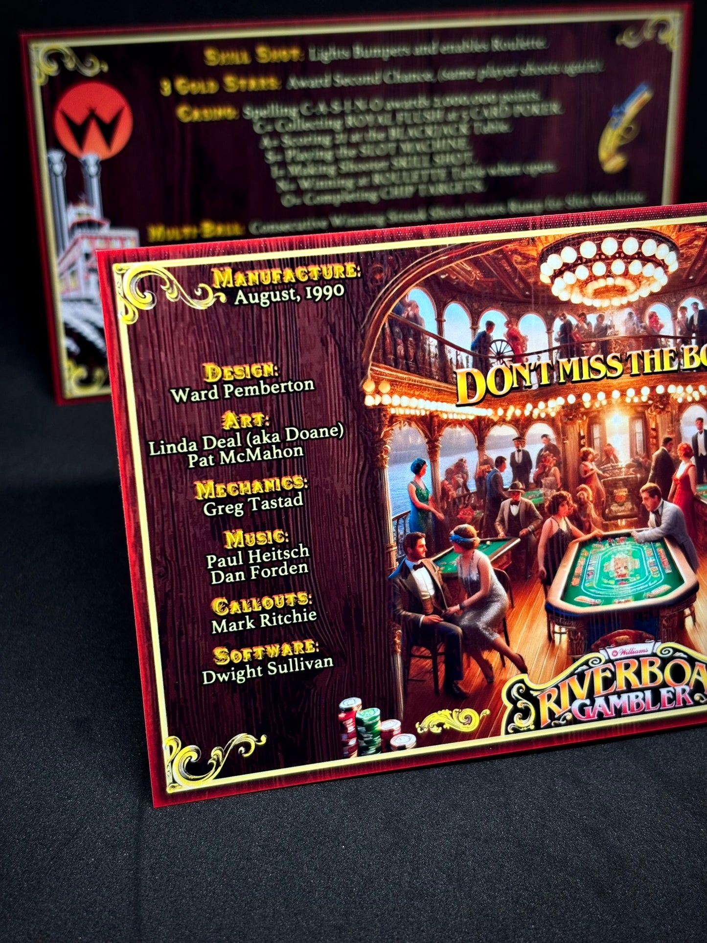 Instrucciones de las tarjetas del juego Williams Riverboat Gambler de 1990, máquina de pinball, delantal personalizado, reglas impresas V1