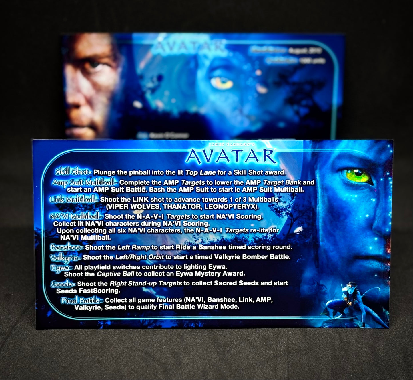 Instrucciones de las tarjetas del juego Stern Avatar 2010. Tarjetas de pinball personalizadas con impresión de pinball.