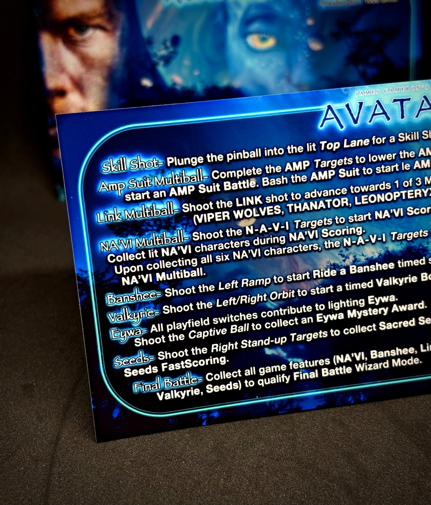 Instrucciones de las tarjetas del juego Stern Avatar 2010. Tarjetas de pinball personalizadas con impresión de pinball.