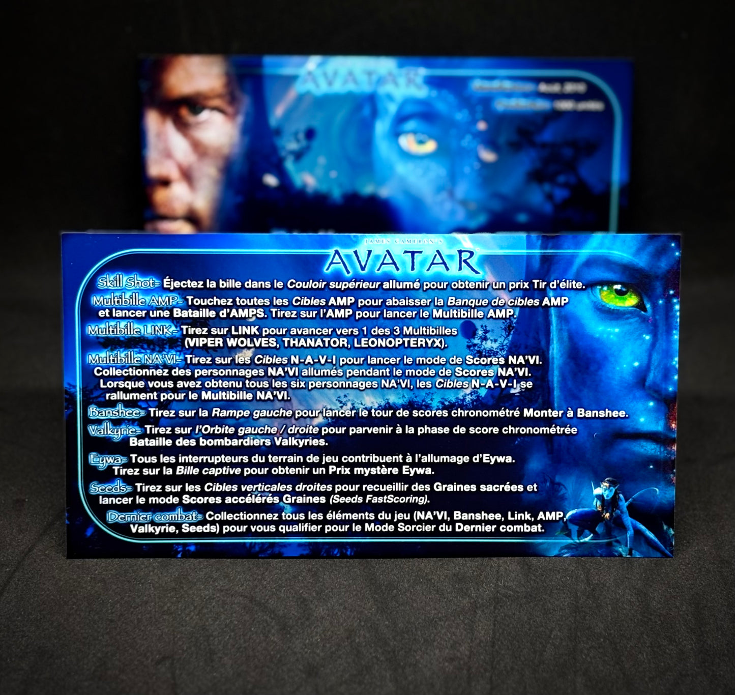 Instrucciones de las tarjetas del juego Stern Avatar 2010. Tarjetas de pinball personalizadas con impresión de pinball.