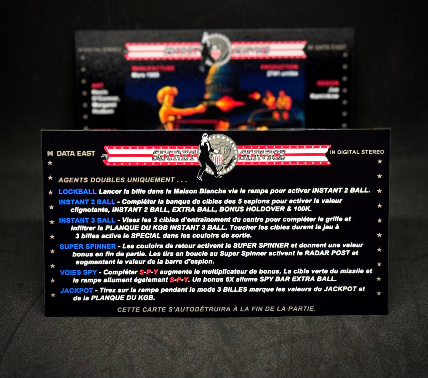 Data East Secret Service 1988 Jeu Cartes Instructions Flipper Custom Apron règles imprimées