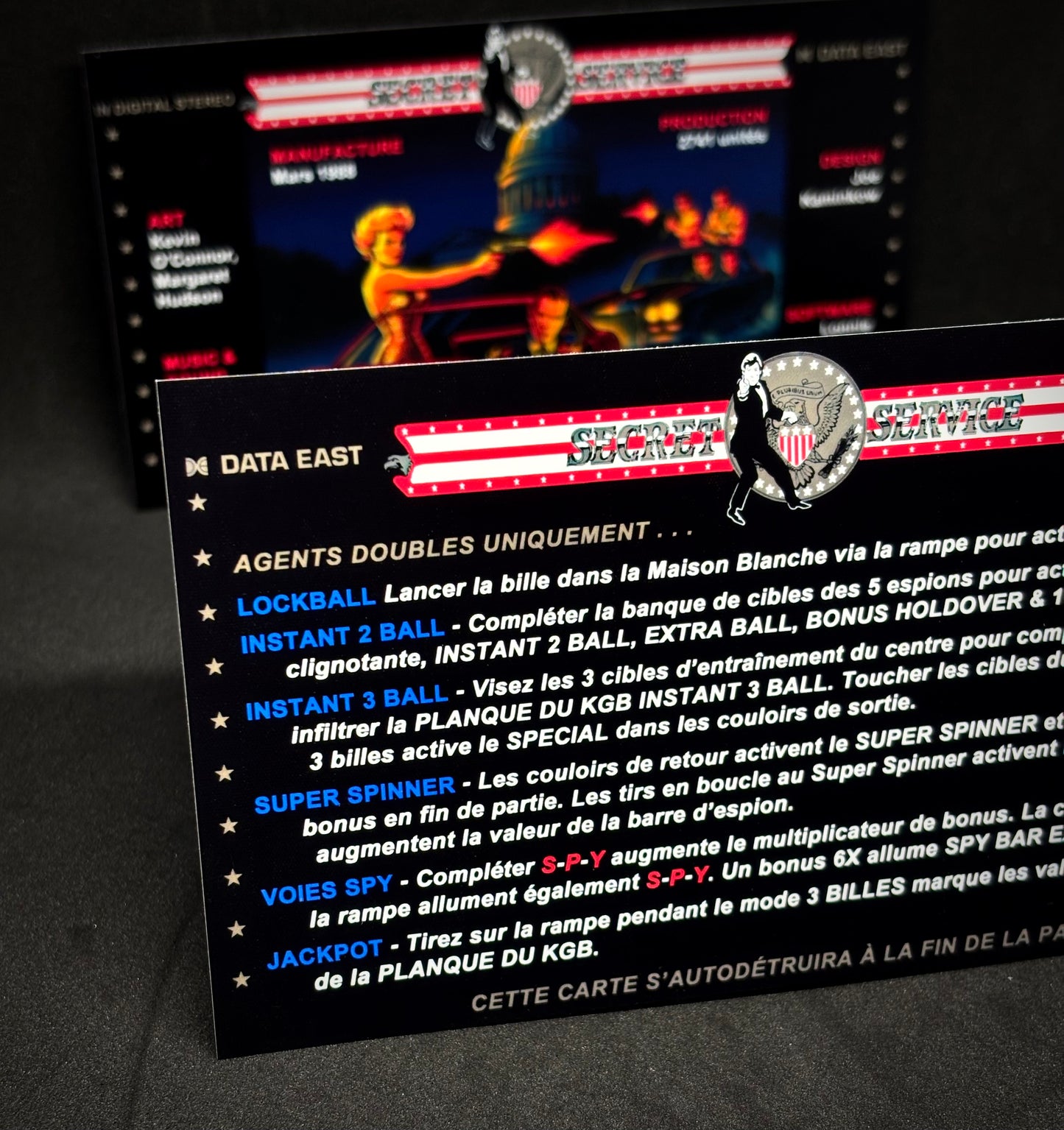 Data East Secret Service 1988 Jeu Cartes Instructions Flipper Custom Apron règles imprimées