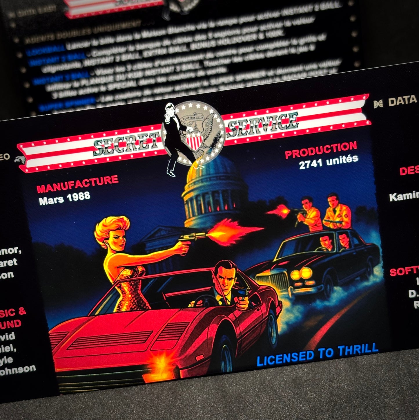Data East Secret Service 1988 Jeu Cartes Instructions Flipper Custom Apron règles imprimées