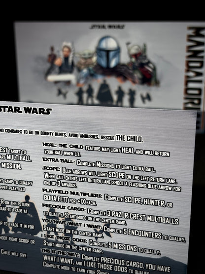 Instrucciones de las tarjetas del juego Stern Star Wars The Mandalorian 2021, delantal personalizado de pinball, reglas impresas V2