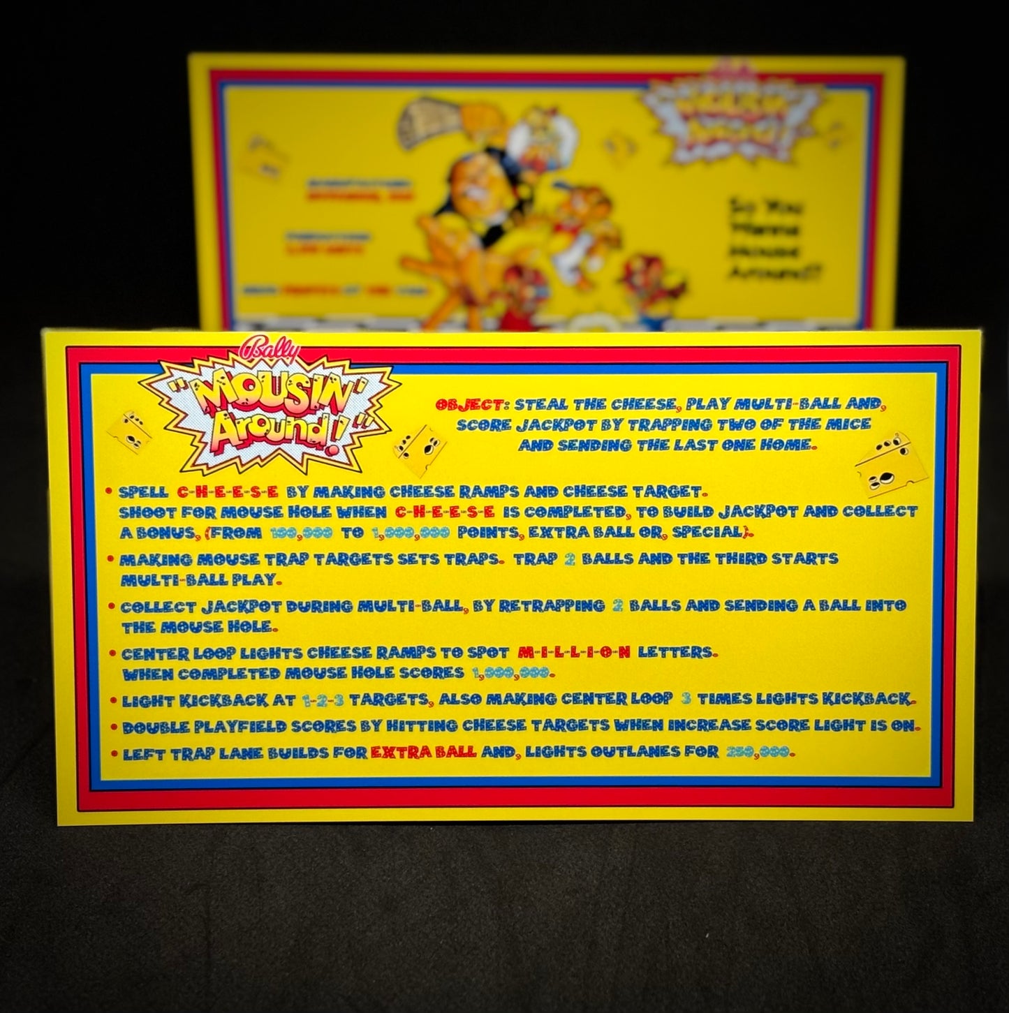 Instrucciones de tarjetas de juego Bally Mousin Around 1989, reglas impresas de delantal personalizado de pinball