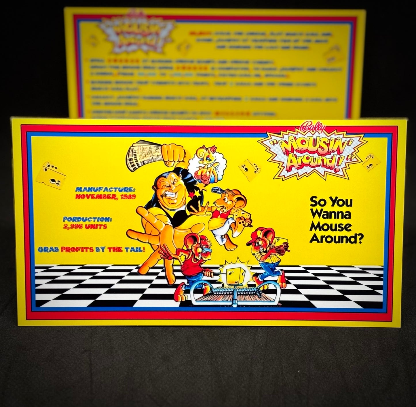 Instrucciones de tarjetas de juego Bally Mousin Around 1989, reglas impresas de delantal personalizado de pinball