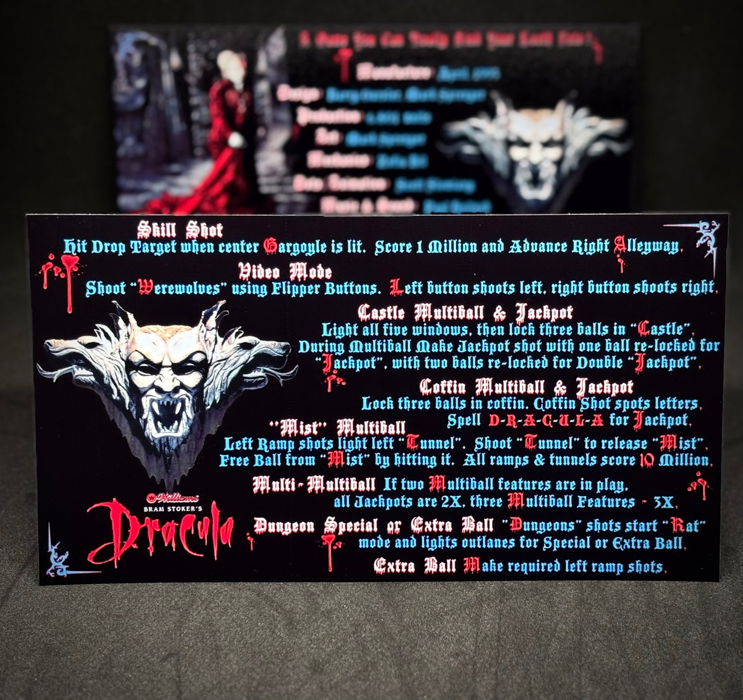 Williams Bram Stokers Dracula 1993 Game Cards Instructions Flipper Custom Apron Printed Rules V2