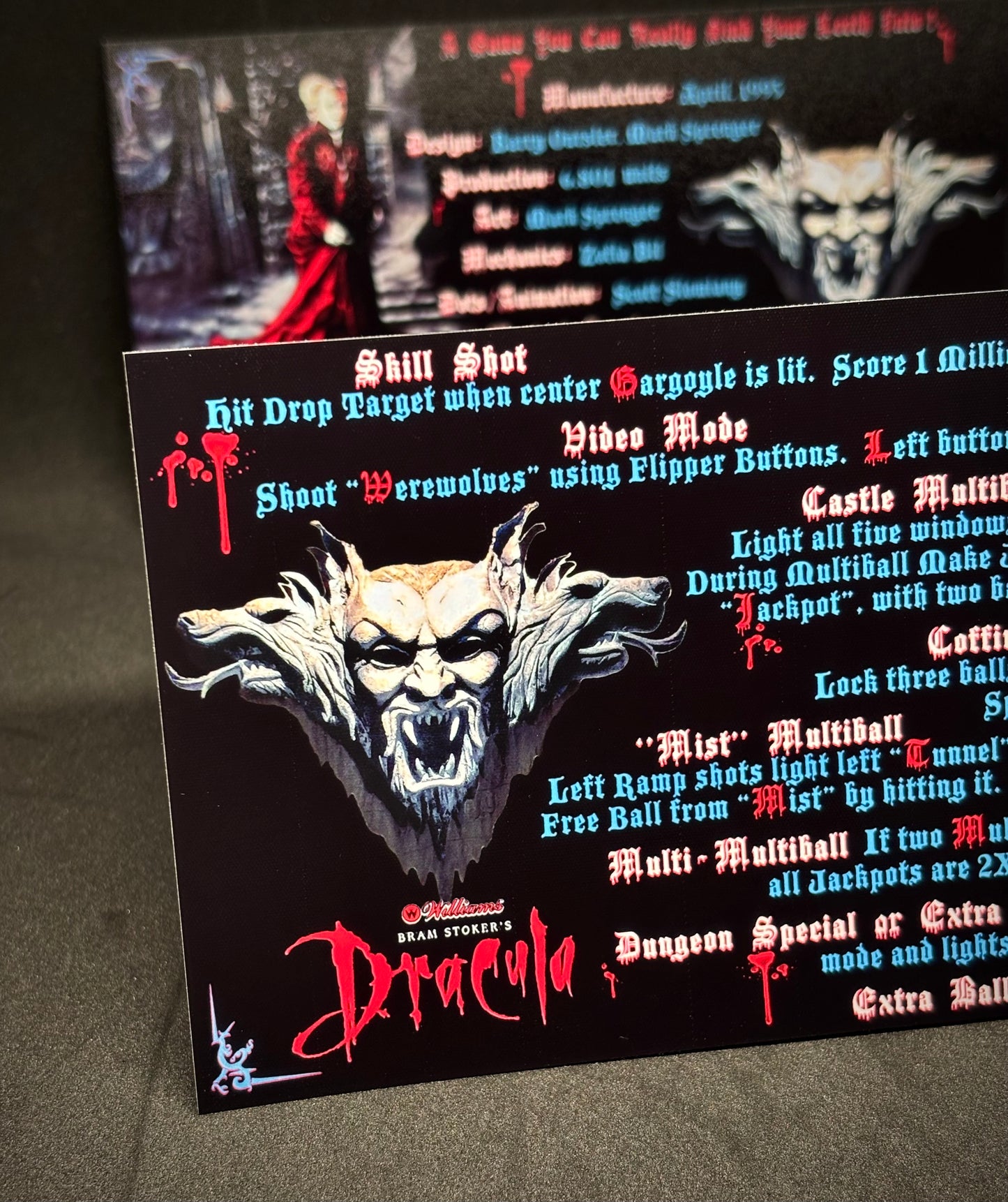Williams Bram Stokers Dracula 1993 Game Cards Instructions Flipper Custom Apron Printed Rules V2