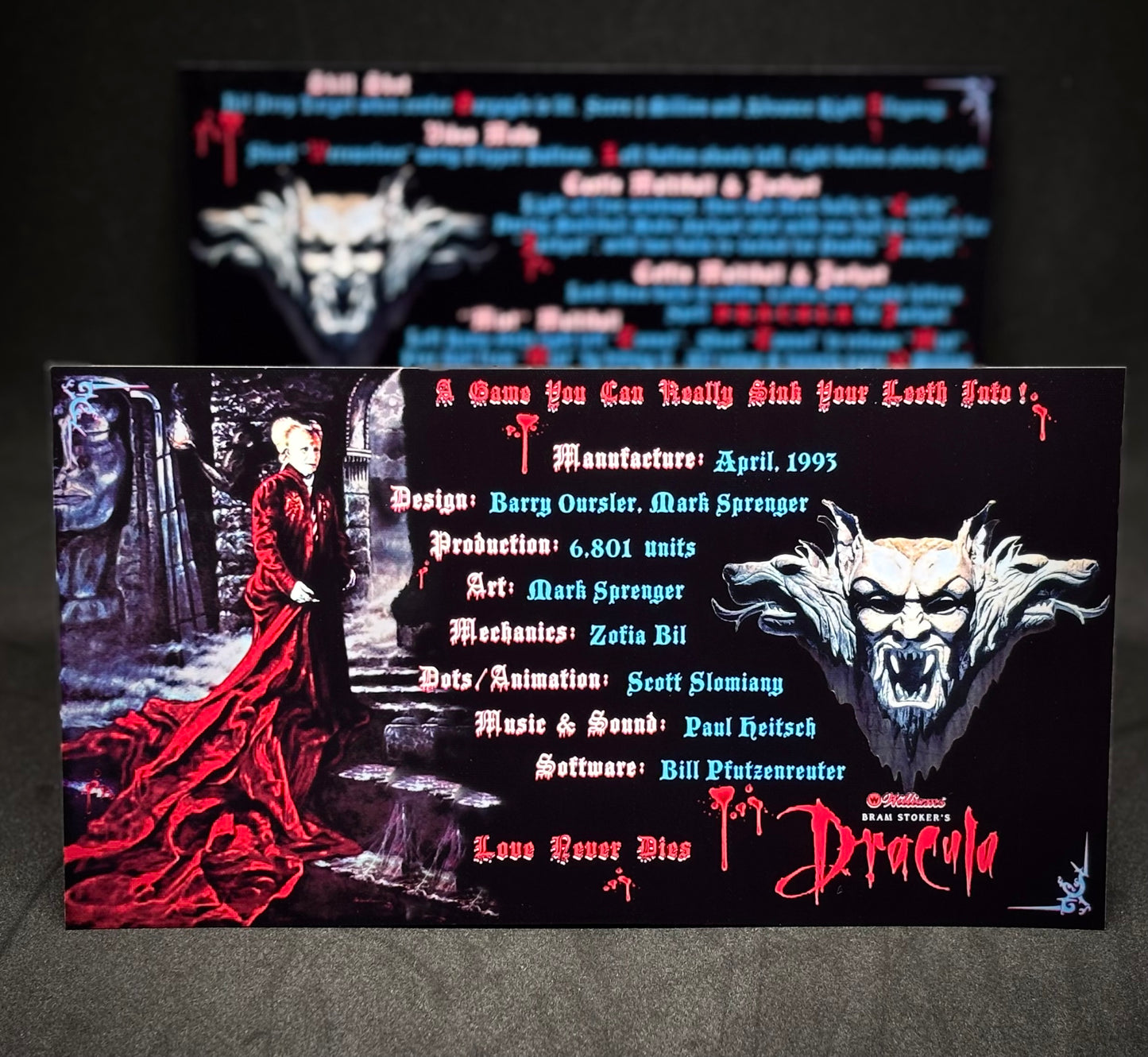 Williams Bram Stokers Dracula 1993 Game Cards Instructions Flipper Custom Apron Printed Rules V2