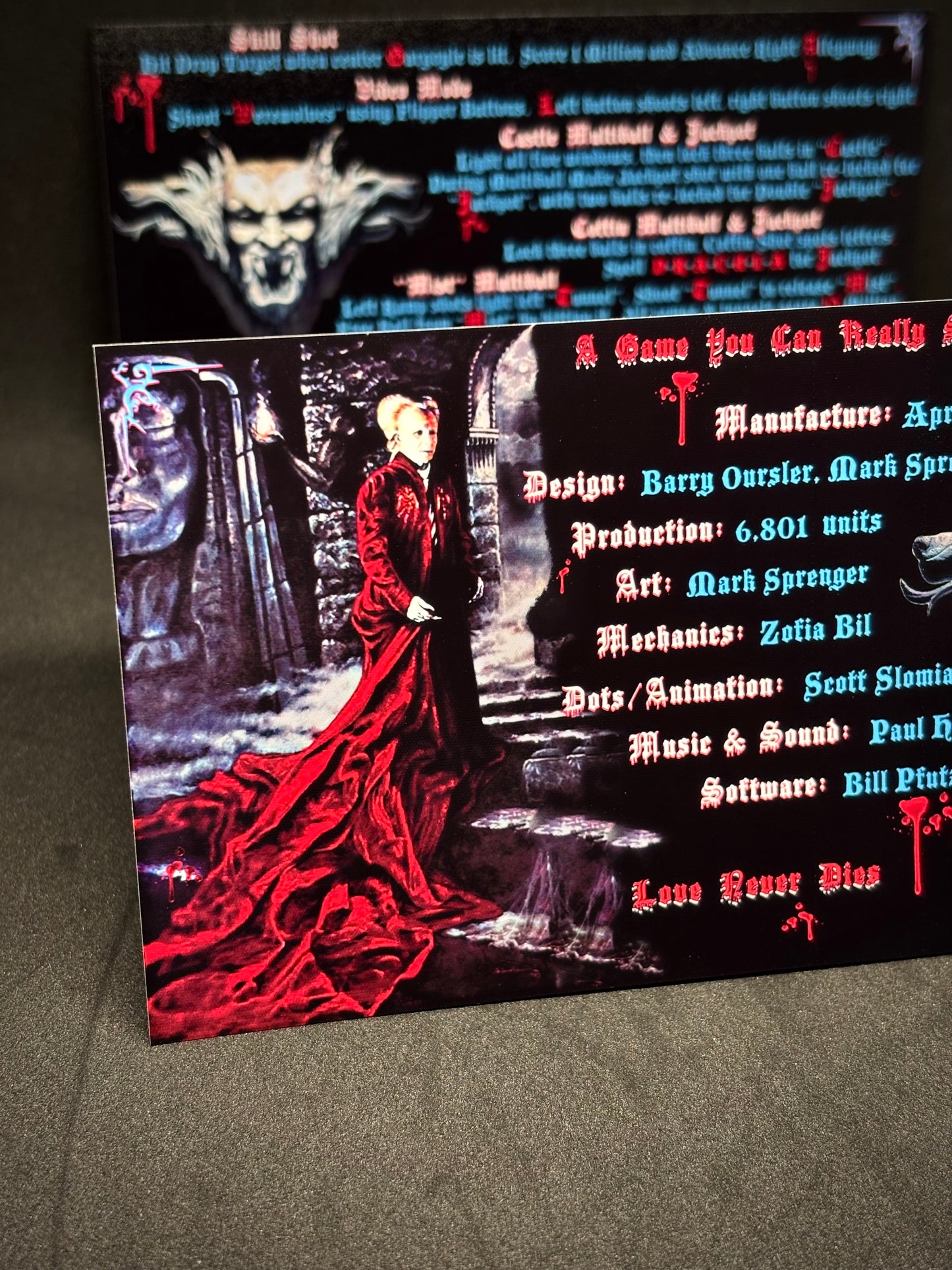 Williams Bram Stokers Dracula 1993 Game Cards Instructions Flipper Custom Apron Printed Rules V2