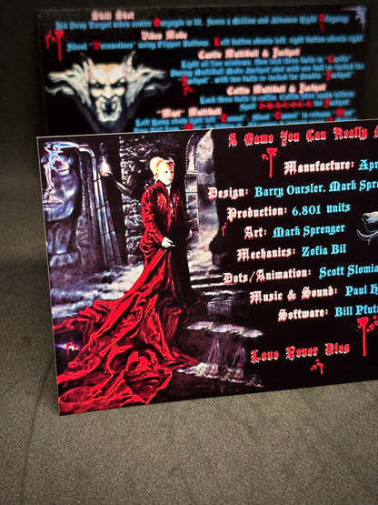 Instrucciones de las tarjetas del juego Drácula de Bram Stoker de Williams (1993) y reglas impresas del delantal personalizado de pinball (versión 2)
