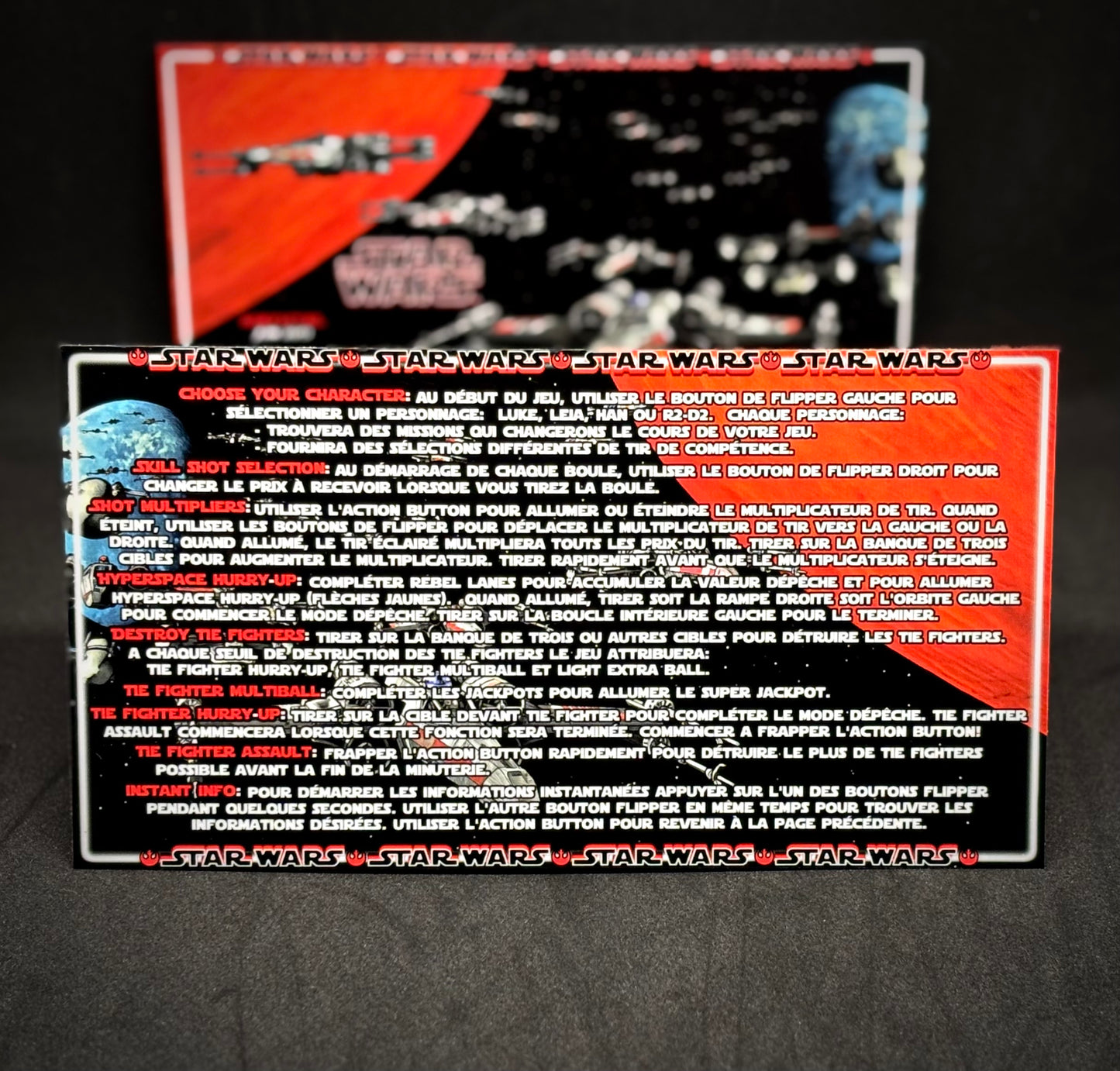 Stern Star Wars 2017 Jeu Cartes Instructions Flipper Custom Apron règles imprimées V1