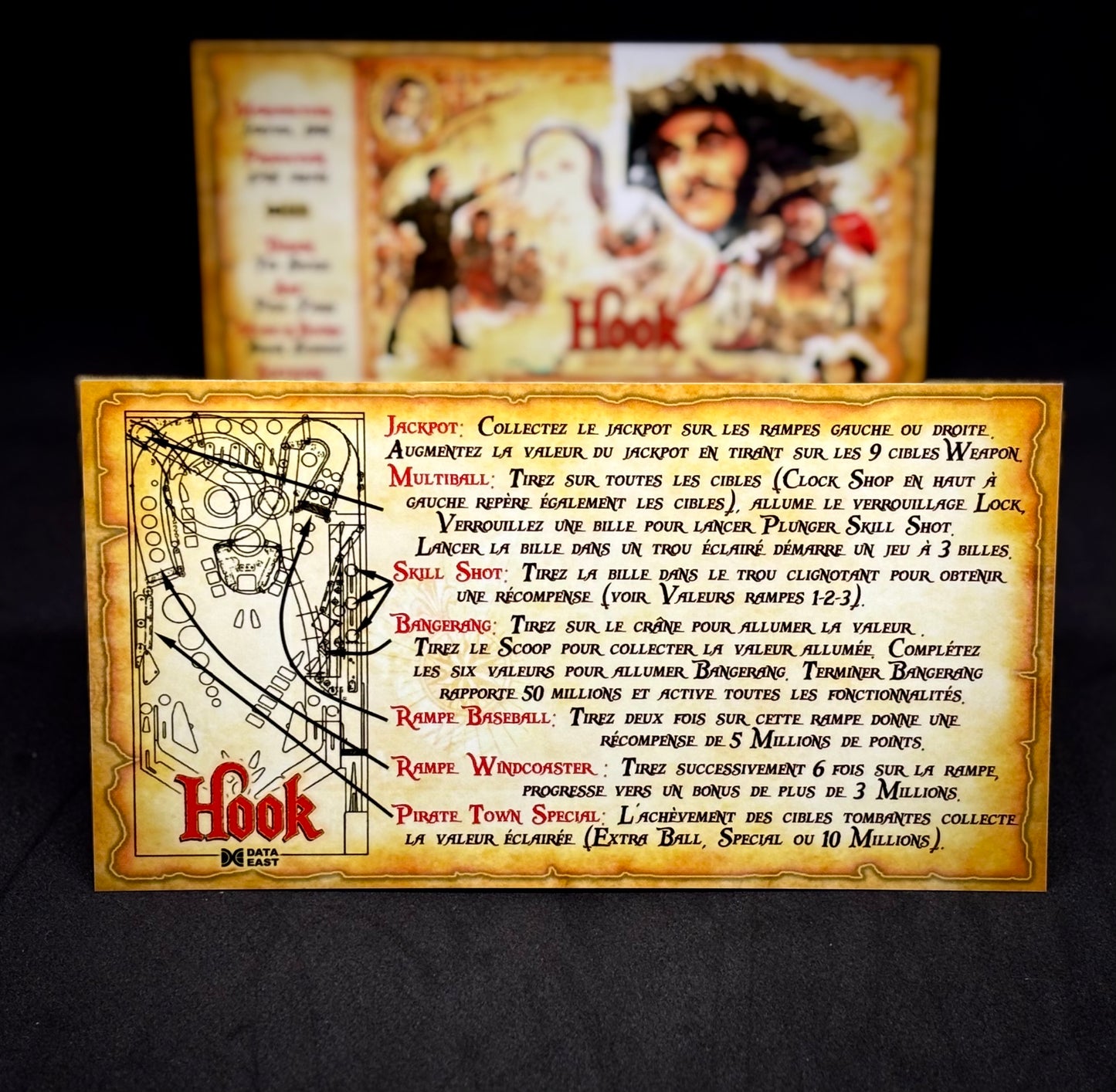 Data East Hook 1992 Game Cards Instructions Pinball Custom Apron Printed Rules V1