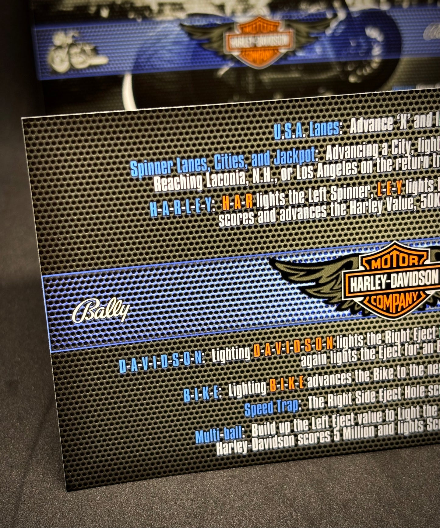 Bally Harley Davidson 1991 Jeu Cartes Instructions Flipper Custom Apron règles imprimées