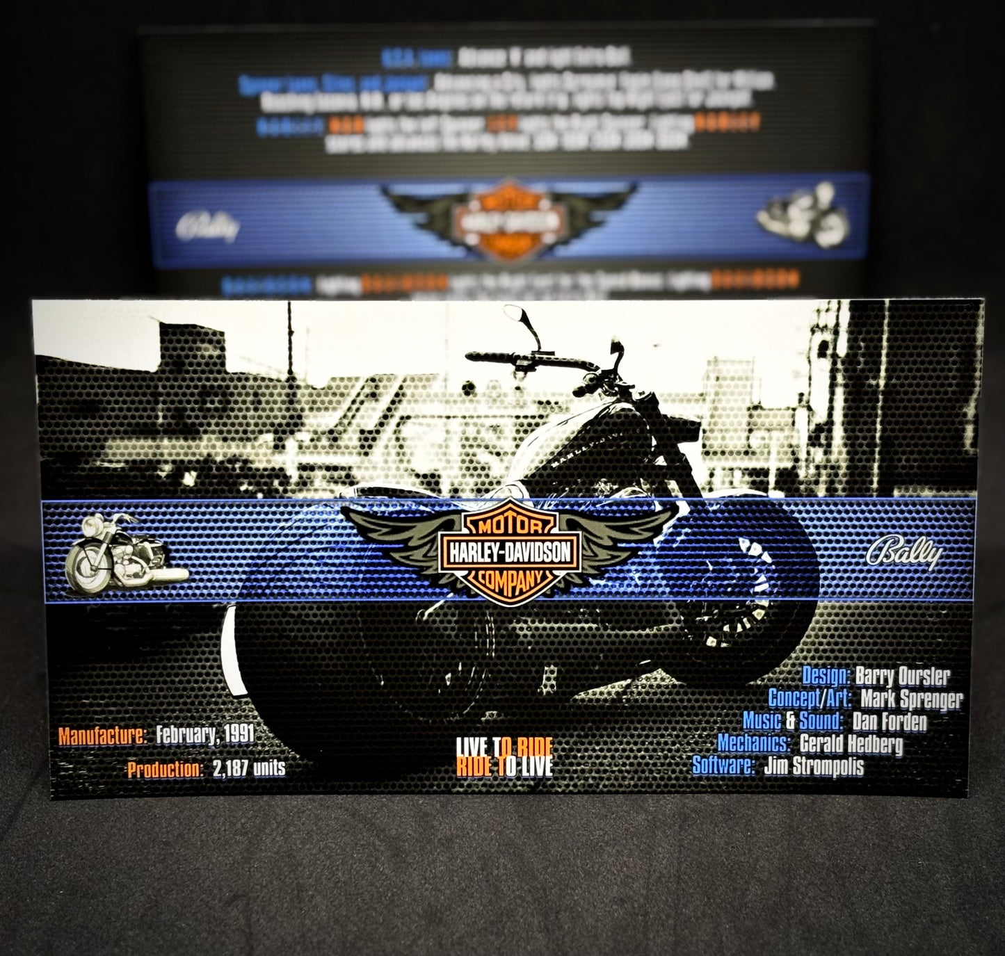 Bally Harley Davidson 1991 Jeu Cartes Instructions Flipper Custom Apron règles imprimées