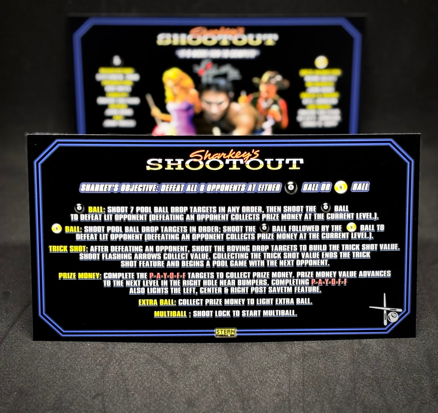 Instrucciones de las tarjetas de juego Stern Sharkey's Shootout 2000, reglas de las tarjetas de delantal de pinball con impresión personalizada de Pinball V2
