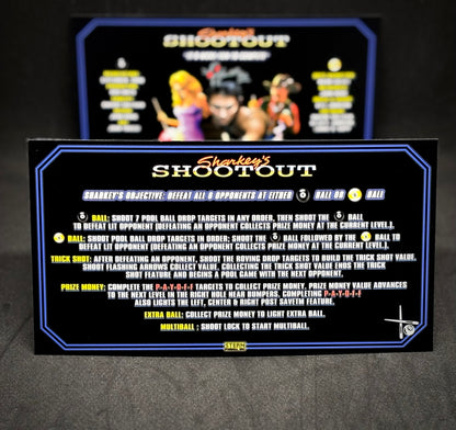 Instrucciones para las tarjetas de juego Stern Sharkey's Shootout 2000, delantal personalizado de pinball, reglas impresas V2