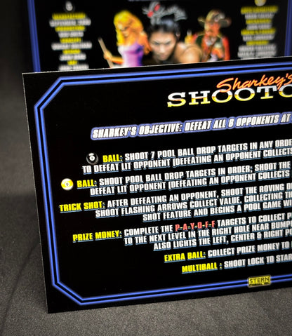 Instrucciones para las tarjetas de juego Stern Sharkey's Shootout 2000, delantal personalizado de pinball, reglas impresas V2
