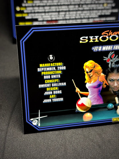 Instrucciones para las tarjetas de juego Stern Sharkey's Shootout 2000, delantal personalizado de pinball, reglas impresas V2