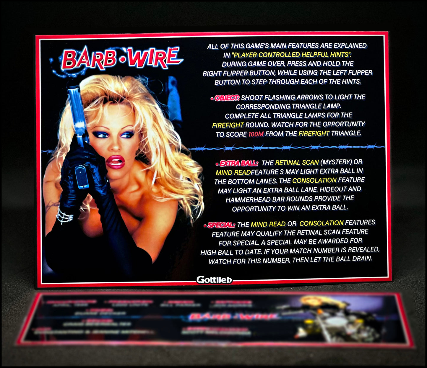Instrucciones para tarjetas de pinball Gottlieb Barb Wire de 1996 - Tarjetas de pinball personalizadas con impresión de delantal, Pamela Anderson