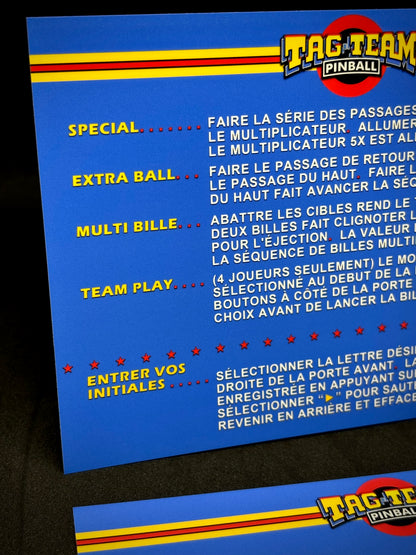 Instrucciones de las tarjetas del juego Gottlieb Tag Team Pinball de 1985. Delantal personalizado. Reglas impresas de Pinball V1.