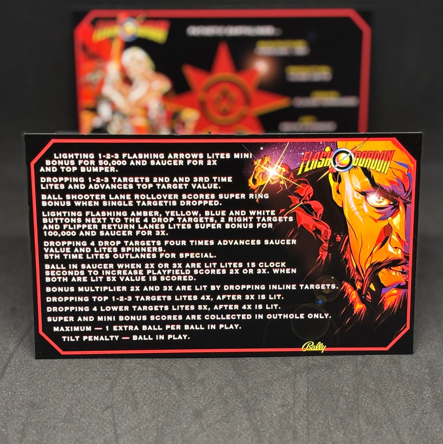 Instrucciones de las tarjetas del juego Bally Flash Gordon 1981, delantal personalizado de pinball, reglas impresas V3 M-1508-96-E