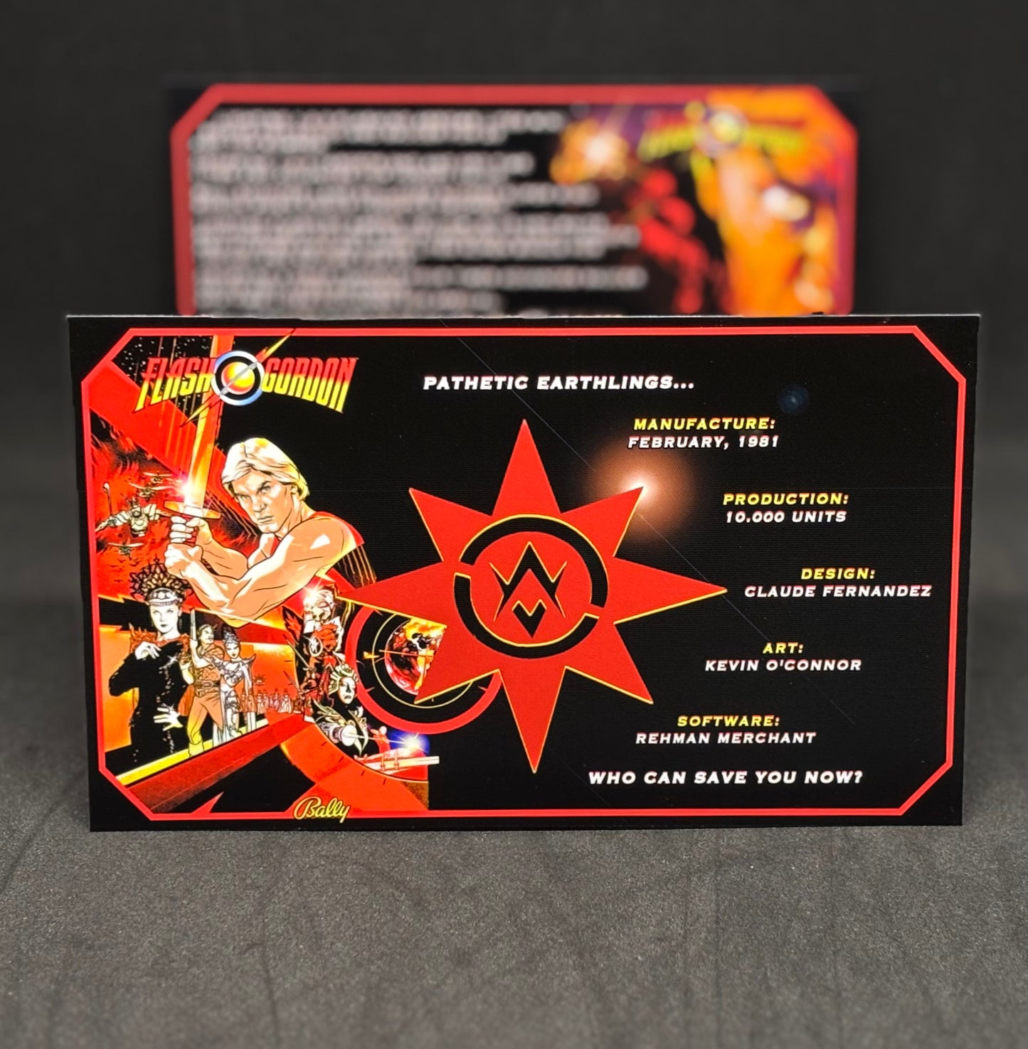 Instrucciones de las tarjetas del juego Bally Flash Gordon 1981, delantal personalizado de pinball, reglas impresas V3 M-1508-96-E