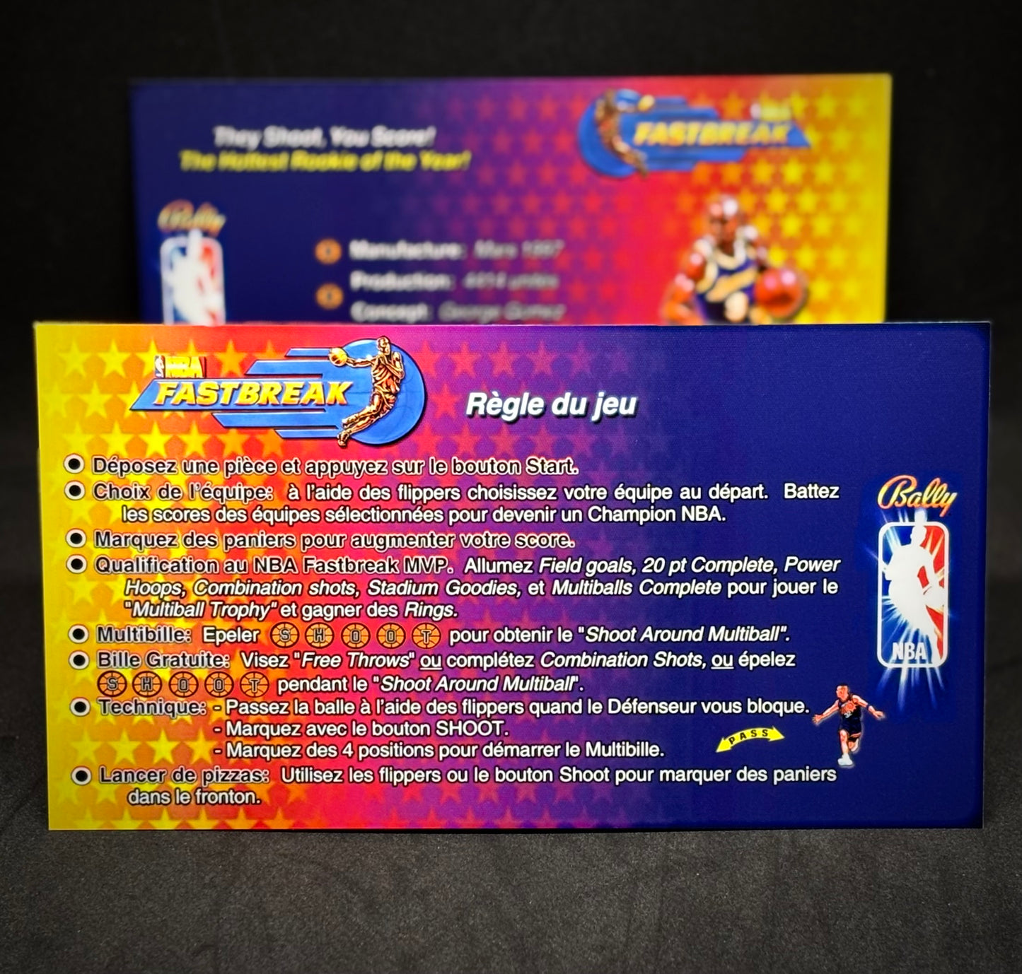 Bally NBA FASTBREAK 1997 Jeu Cartes Instructions Flipper Custom Apron règles imprimées V1