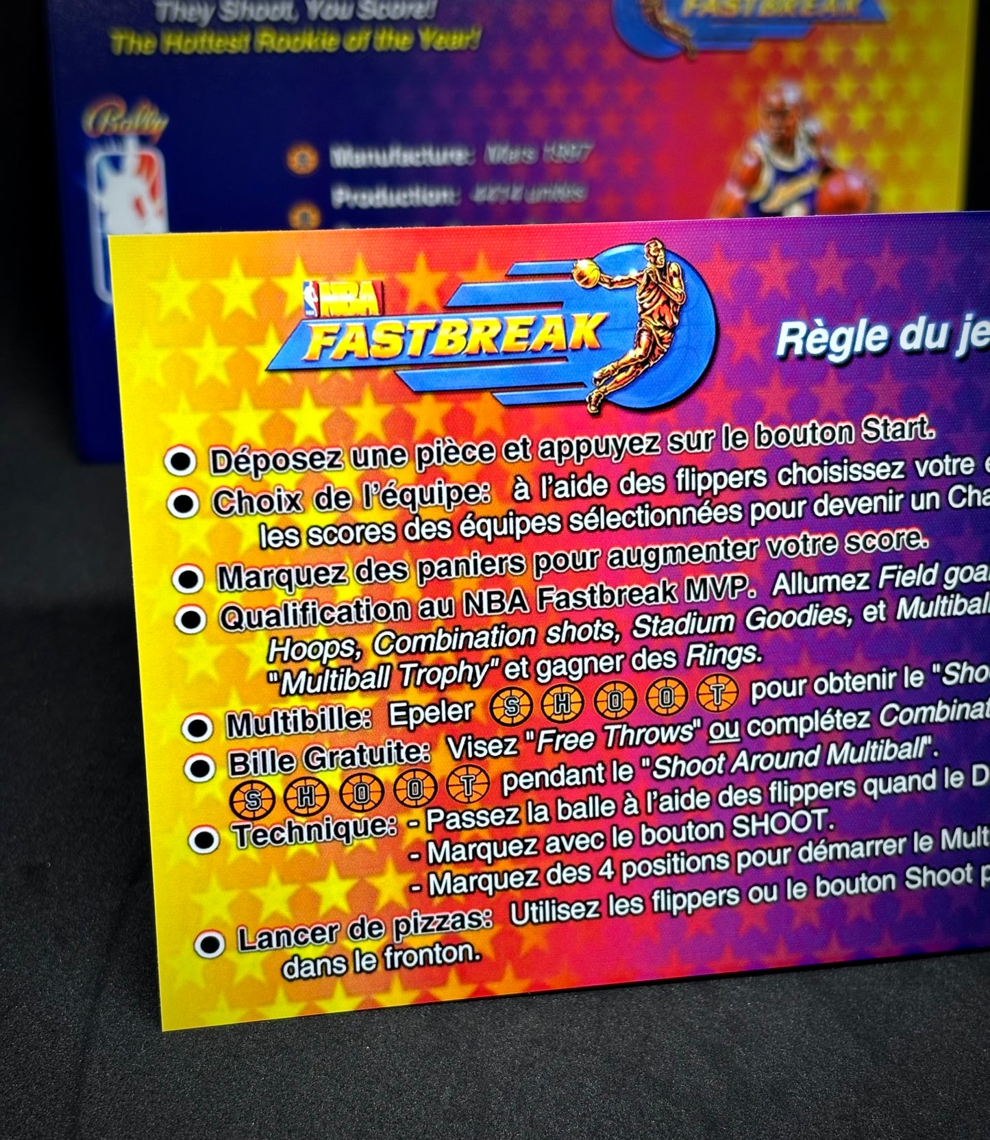 Bally NBA FASTBREAK 1997 Jeu Cartes Instructions Flipper Custom Apron règles imprimées V1