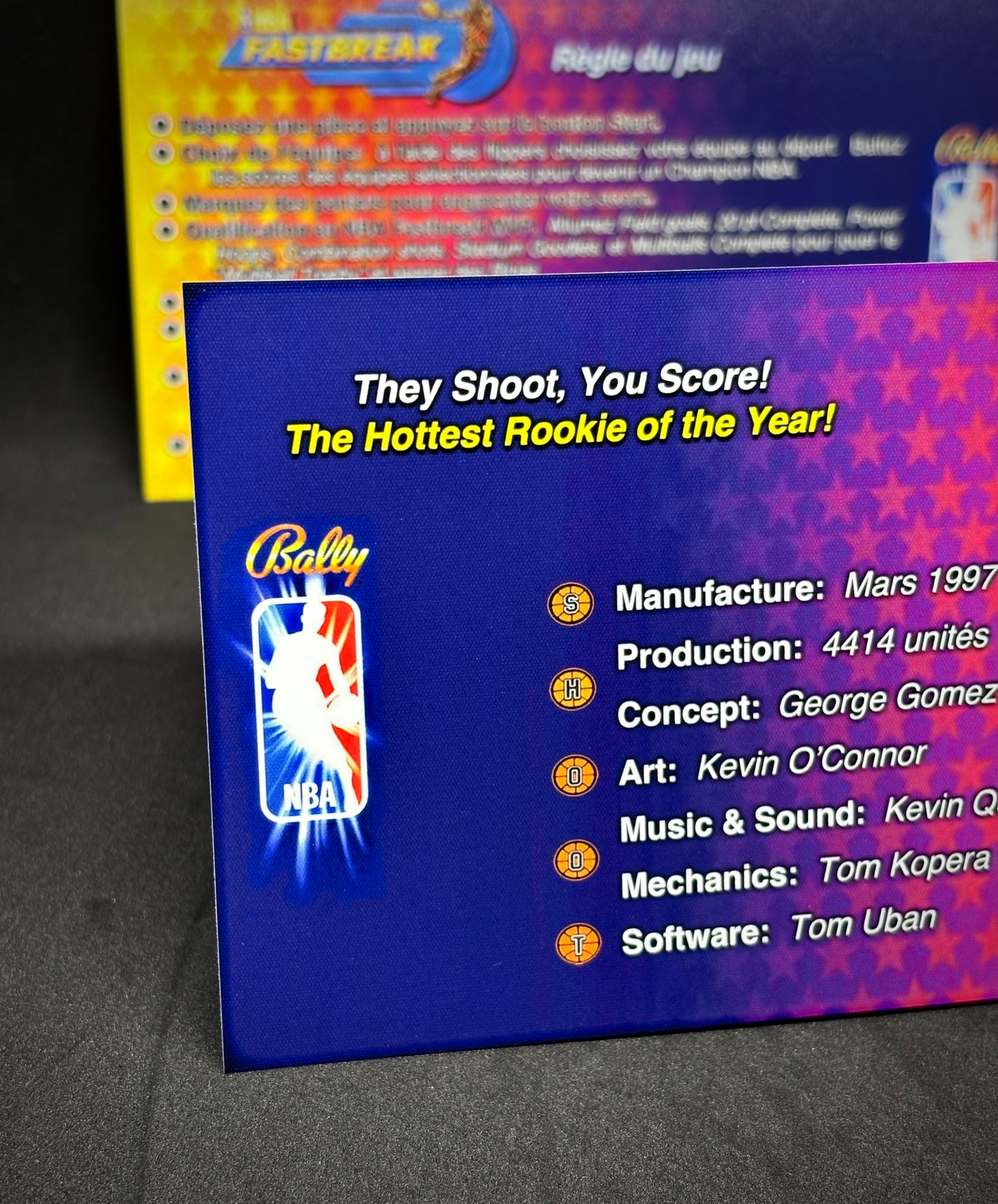 Bally NBA FASTBREAK 1997 Jeu Cartes Instructions Flipper Custom Apron règles imprimées V1