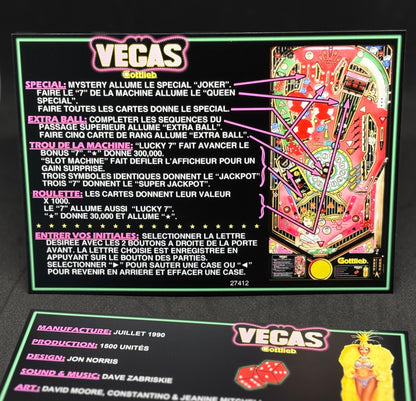 Instrucciones de las tarjetas de juego Gottlieb VEGAS 1990, delantal personalizado de pinball, reglas impresas V1