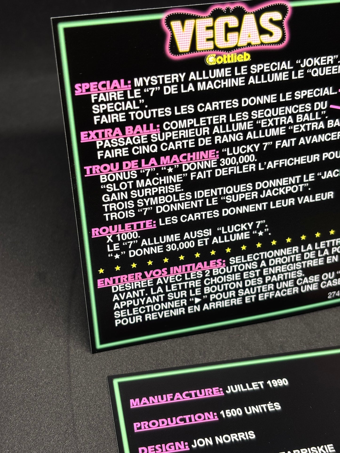 Gottlieb VEGAS 1990 Jeu Cartes Instructions Flipper Custom Apron règles imprimées V1