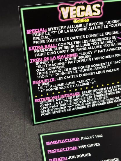 Instrucciones de las tarjetas de juego Gottlieb VEGAS 1990, delantal personalizado de pinball, reglas impresas V1