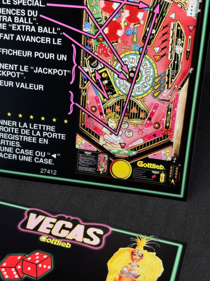 Instrucciones de las tarjetas de juego Gottlieb VEGAS 1990, delantal personalizado de pinball, reglas impresas V1