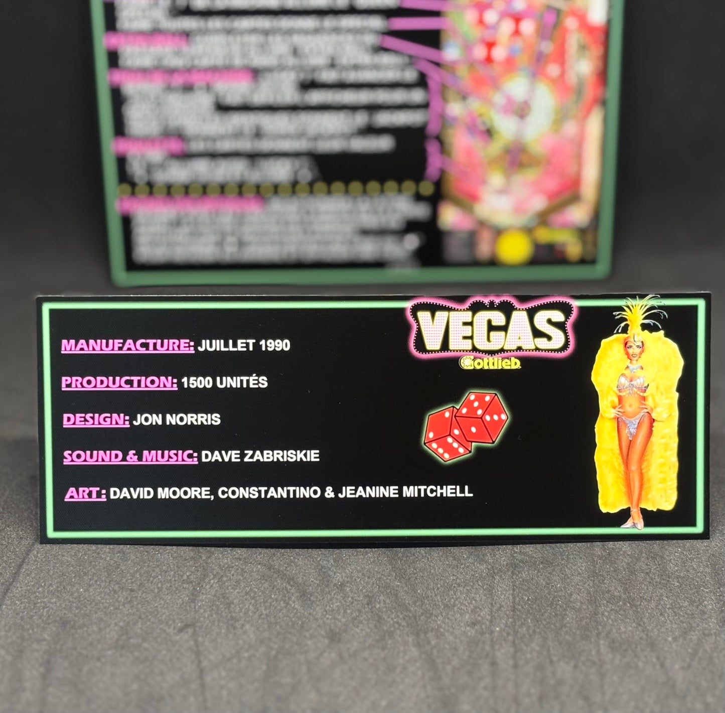 Gottlieb VEGAS 1990 Jeu Cartes Instructions Flipper Custom Apron règles imprimées V1