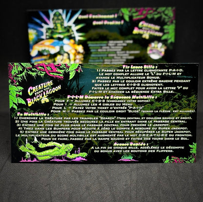 Instrucciones de las tarjetas del juego Bally Creature From The Black Lagoon (1992) y reglas impresas del delantal personalizado de pinball (versión 1)