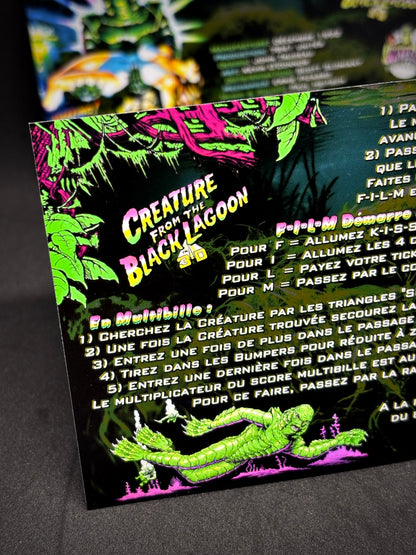 Instrucciones de las tarjetas del juego Bally Creature From The Black Lagoon (1992) y reglas impresas del delantal personalizado de pinball (versión 1)